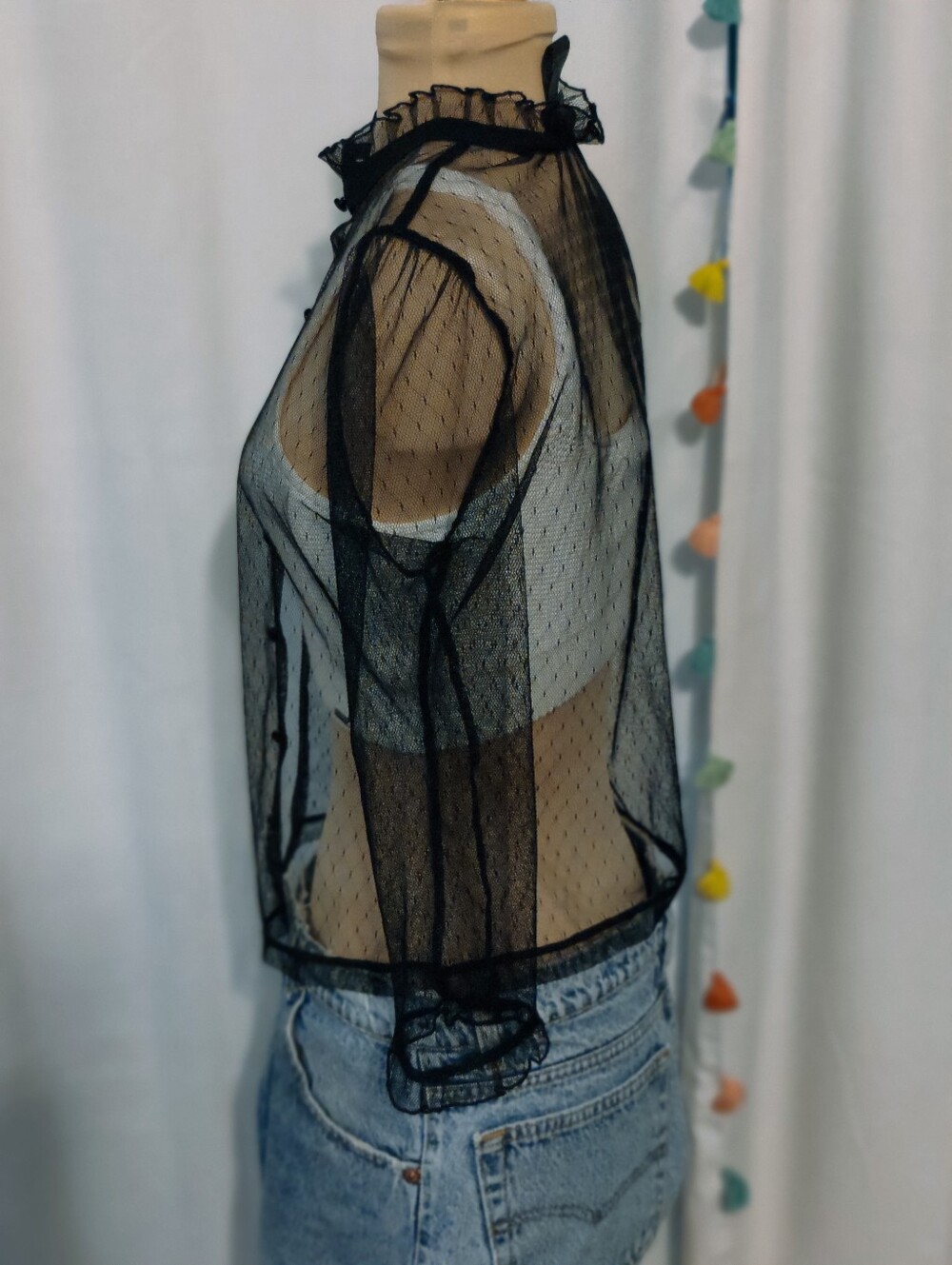 Iconic 90s Sheer Dark Academia Ruffle Grunge Layering Blouse Vintage Minimalist - Picture 4 of 6